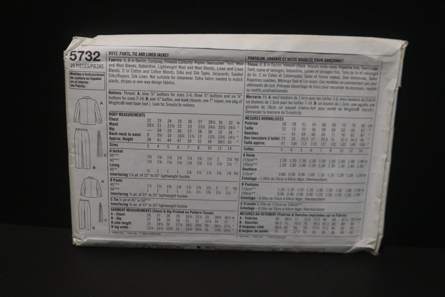 Simplicity 5732 Boys Pants Tie and Lined Jacket Sewing Pattern UNCUT Size 3 4 5 6