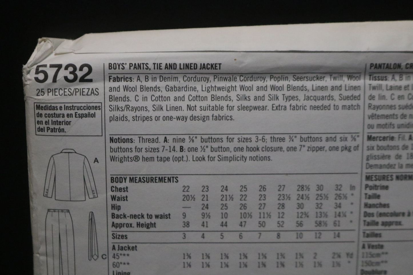 Simplicity 5732 Boys Pants Tie and Lined Jacket Sewing Pattern UNCUT Size 3 4 5 6