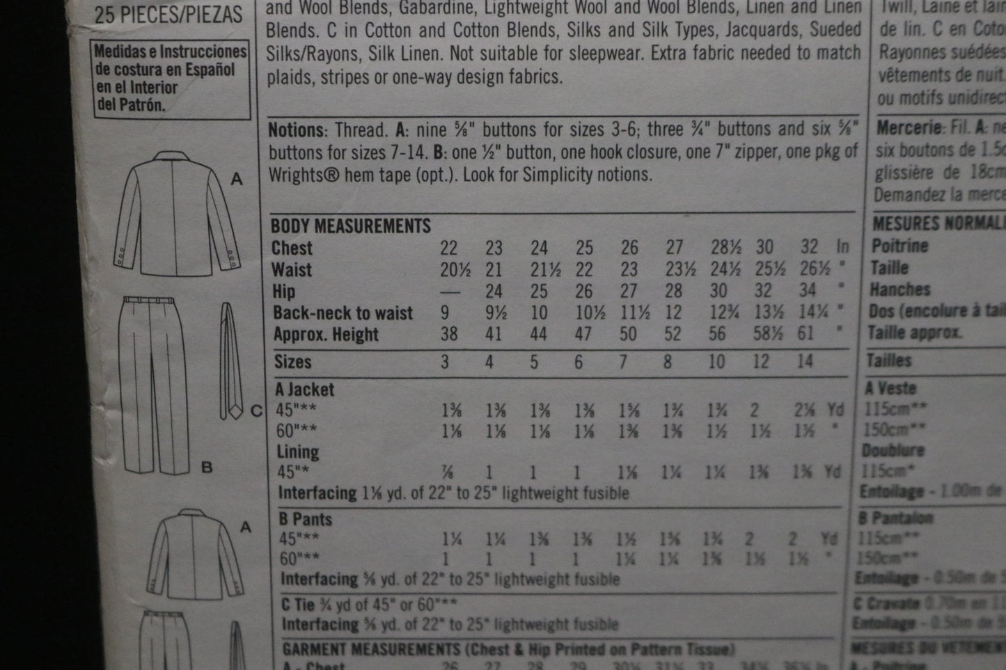 Simplicity 5732 Boys Pants Tie and Lined Jacket Sewing Pattern UNCUT Size 3 4 5 6