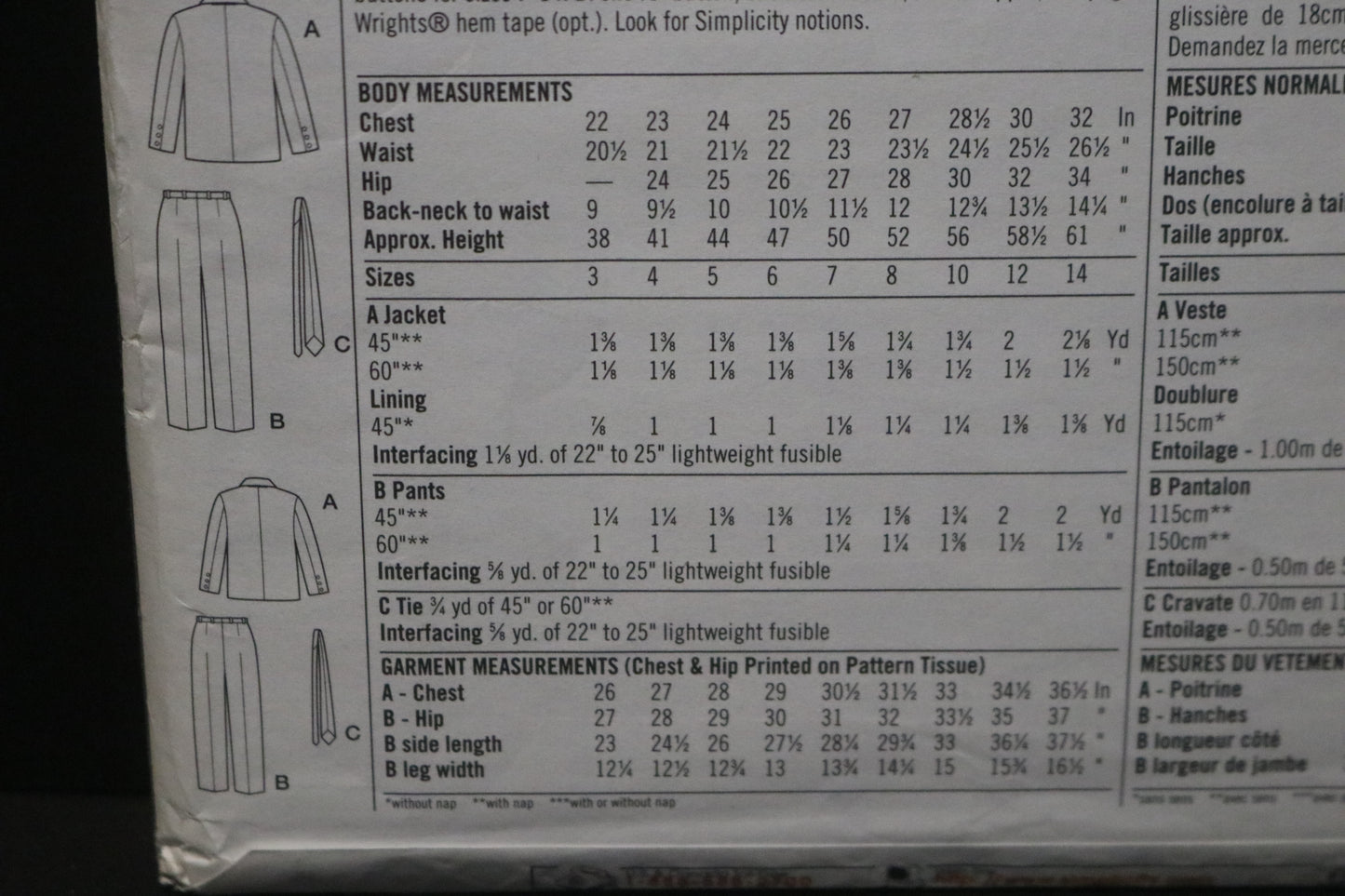 Simplicity 5732 Boys Pants Tie and Lined Jacket Sewing Pattern UNCUT Size 3 4 5 6