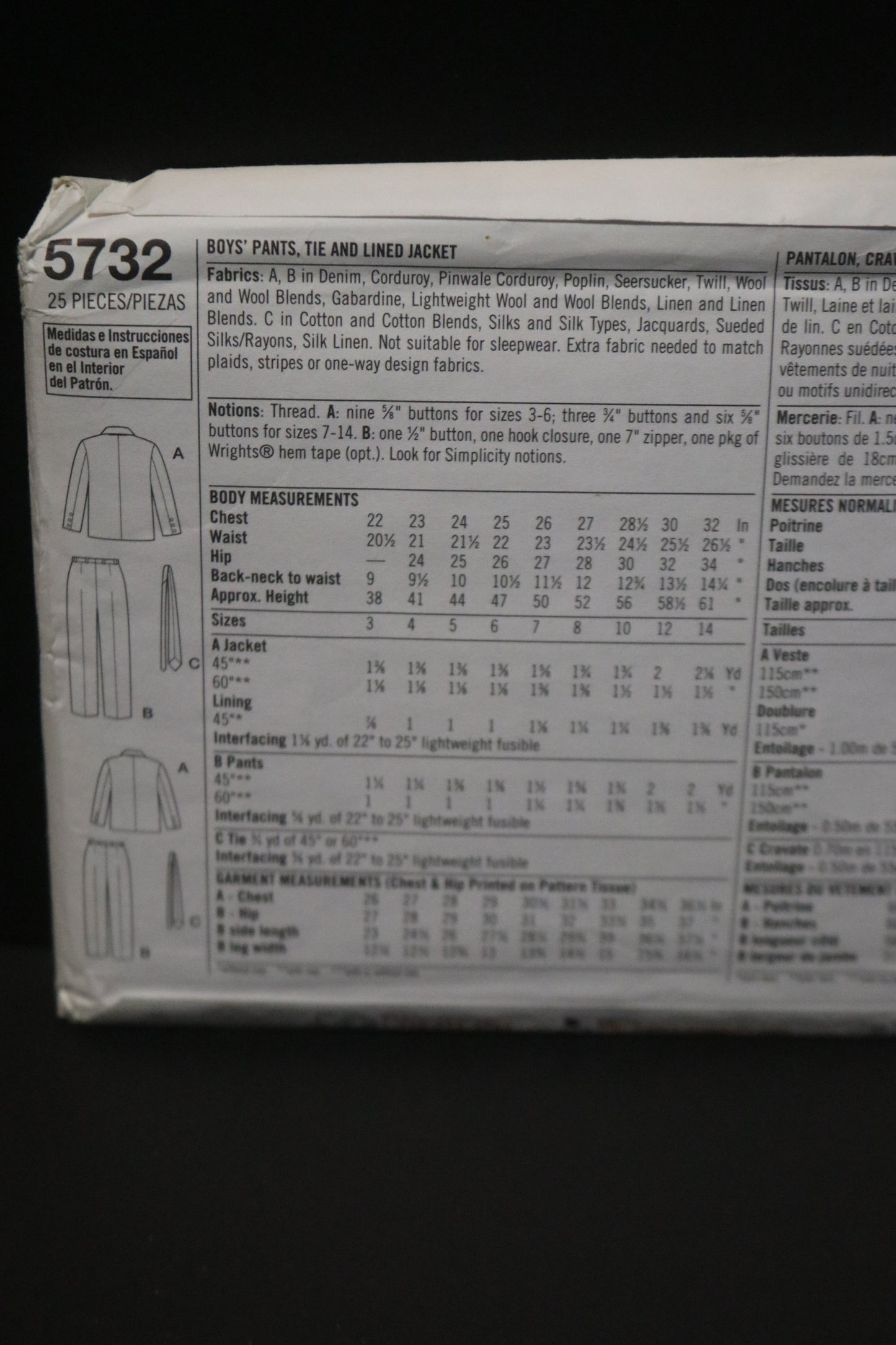 Simplicity 5732 Boys Pants Tie and Lined Jacket Sewing Pattern UNCUT Size 3 4 5 6