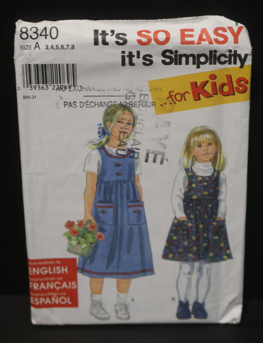 Simplicity 8340 Chilrens/Girls Jumper Sewing Pattern - UNCUT Size 3 4 5 6 7 8