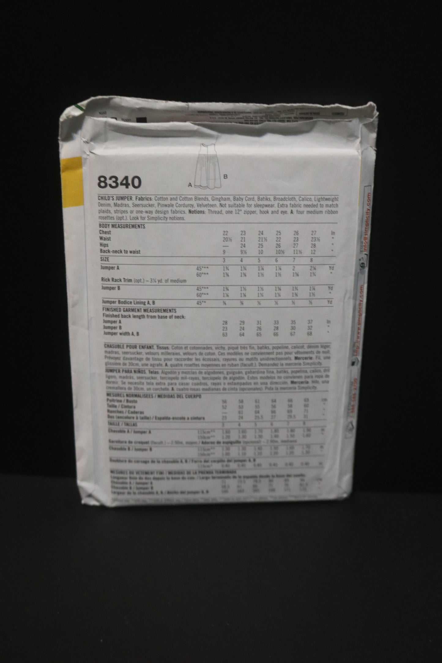 Simplicity 8340 Chilrens/Girls Jumper Sewing Pattern - UNCUT Size 3 4 5 6 7 8