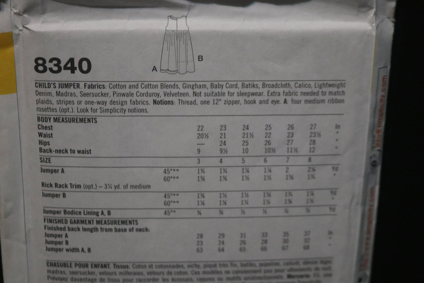 Simplicity 8340 Chilrens/Girls Jumper Sewing Pattern - UNCUT Size 3 4 5 6 7 8