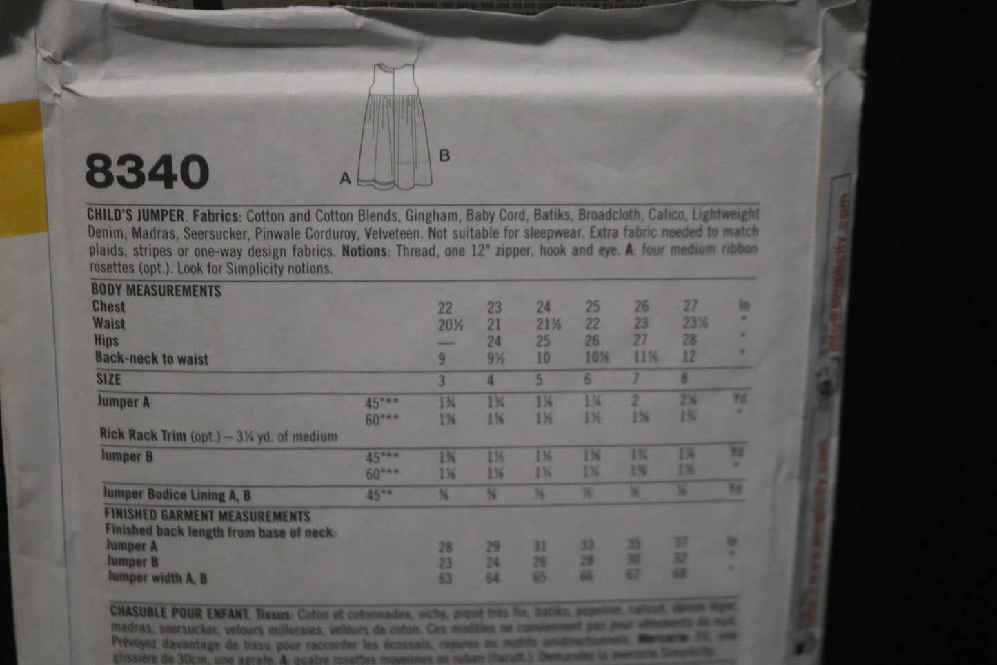 Simplicity 8340 Chilrens/Girls Jumper Sewing Pattern - UNCUT Size 3 4 5 6 7 8
