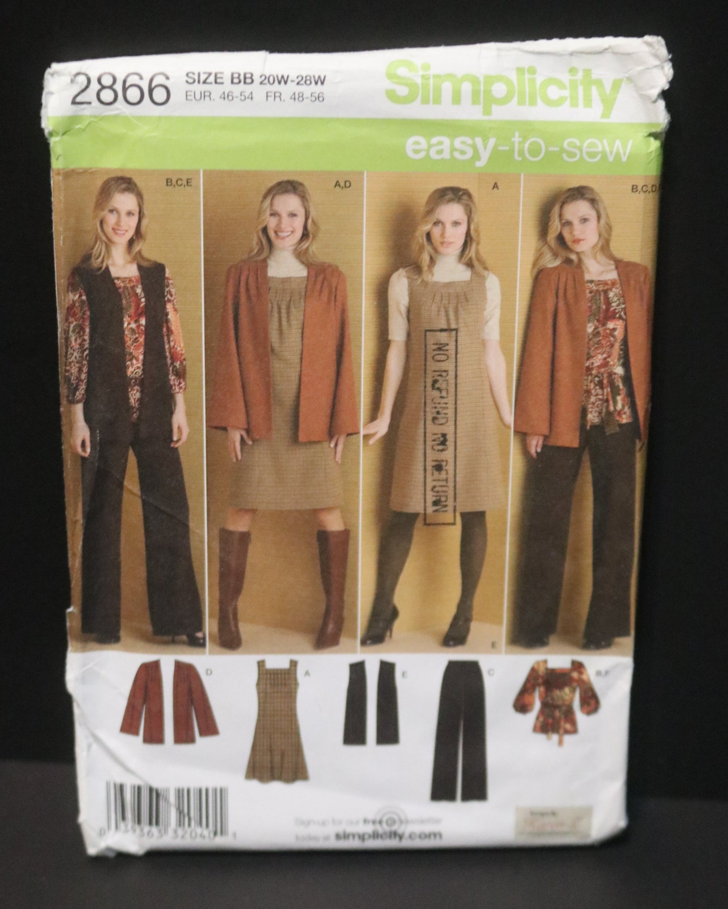 Simplicity 2866 Womens Pants Jumper or Top and Jacket or Vest and Belt Sewing Pattern UNCUT Size 20W - 28W