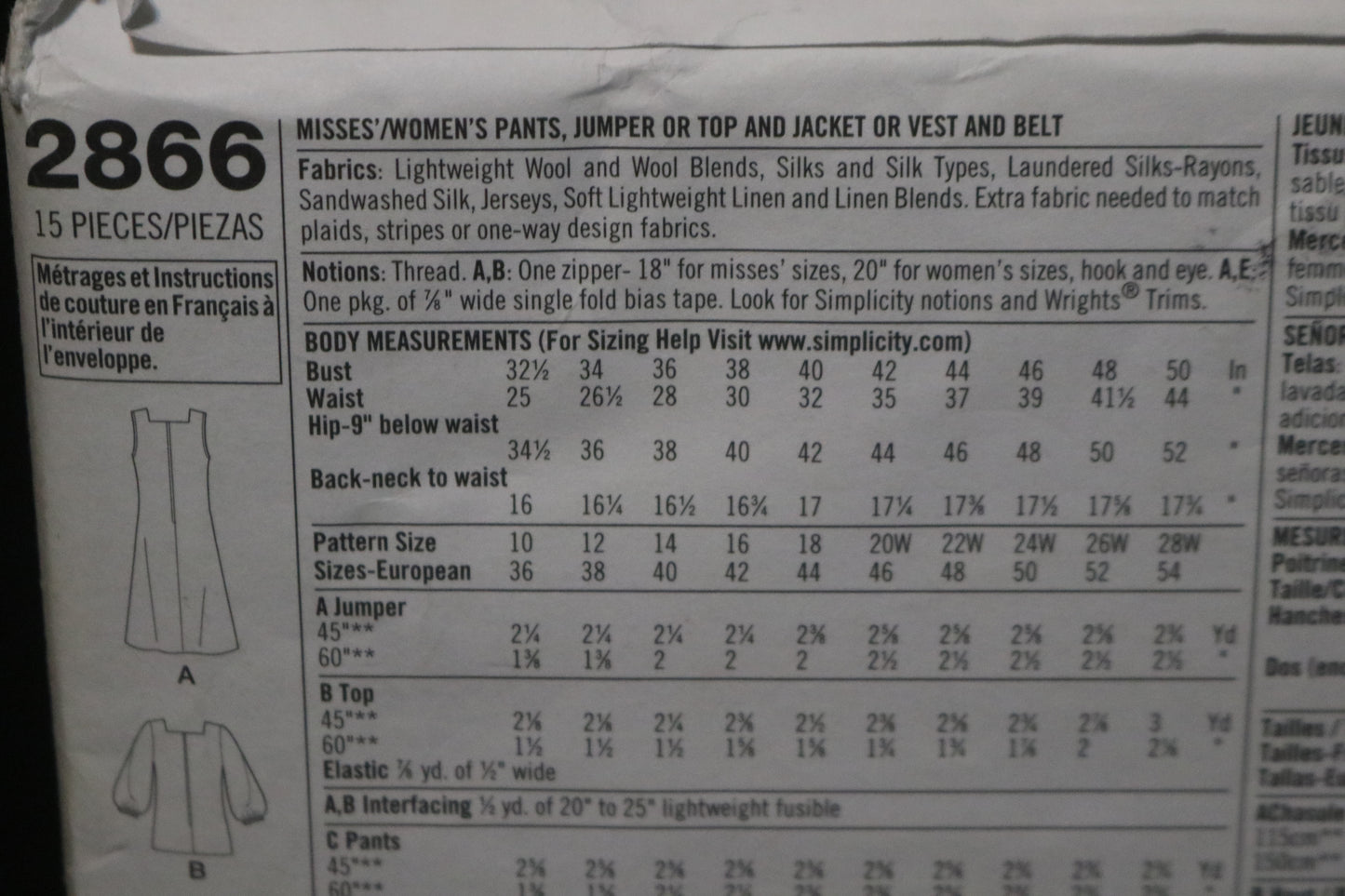 Simplicity 2866 Womens Pants Jumper or Top and Jacket or Vest and Belt Sewing Pattern UNCUT Size 20W - 28W