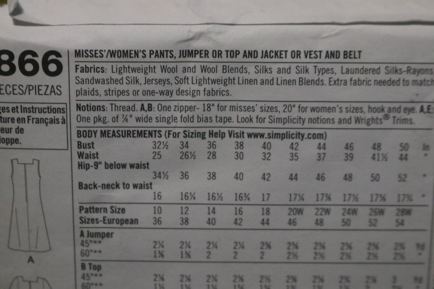 Simplicity 2866 Womens Pants Jumper or Top and Jacket or Vest and Belt Sewing Pattern UNCUT Size 20W - 28W