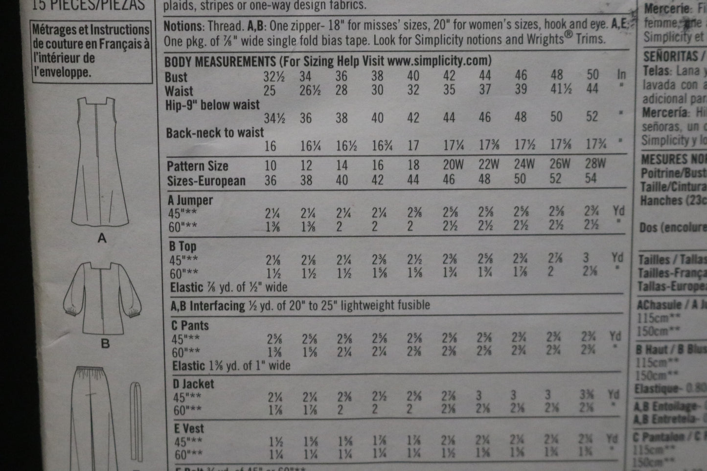 Simplicity 2866 Womens Pants Jumper or Top and Jacket or Vest and Belt Sewing Pattern UNCUT Size 20W - 28W