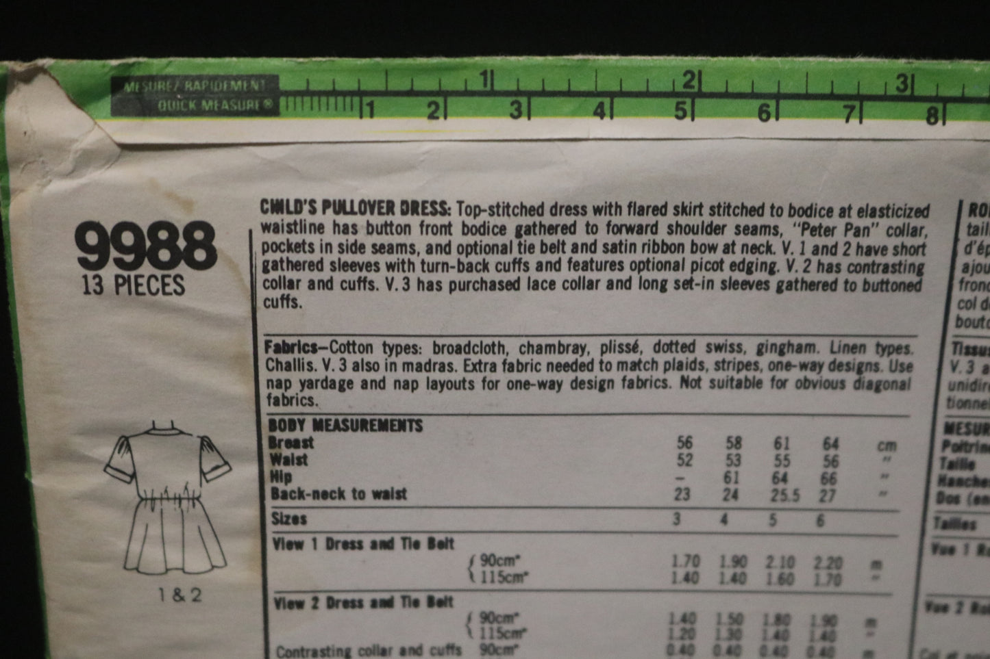 Simplicity 9988 Childs Pullover Dress Sewing Pattern - UNCUT Size 6