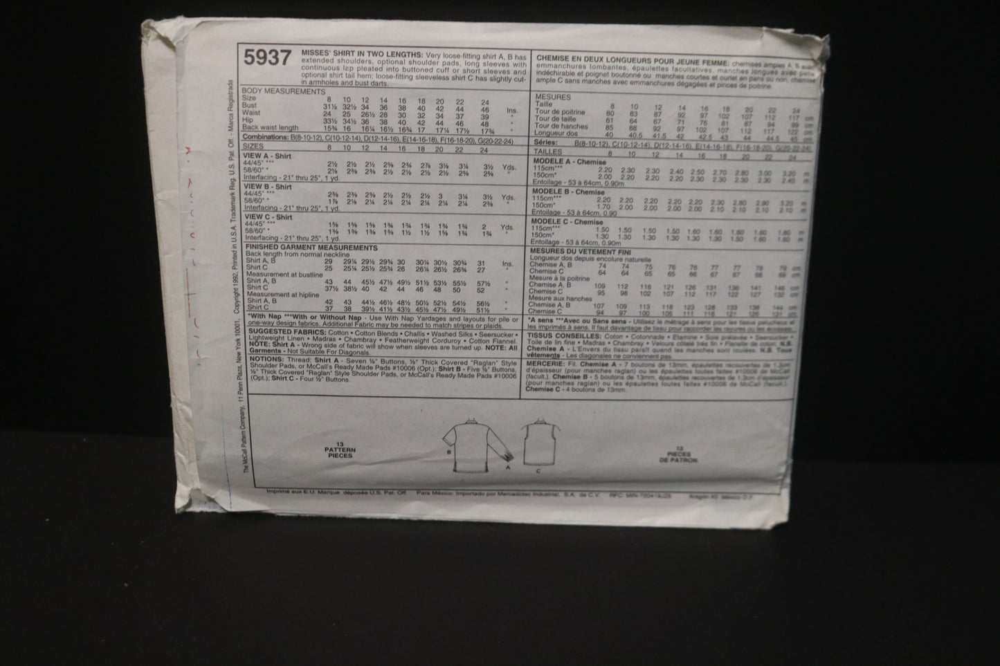 McCalls 5937 Misses Shirt in Two Lengths Sewing Pattern UNCUT - Size 12 14 16