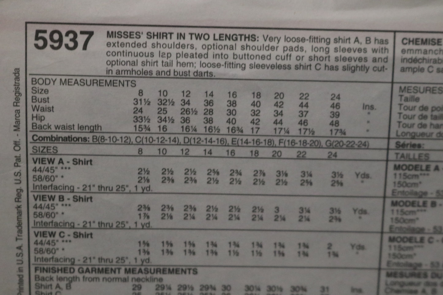 McCalls 5937 Misses Shirt in Two Lengths Sewing Pattern UNCUT - Size 12 14 16