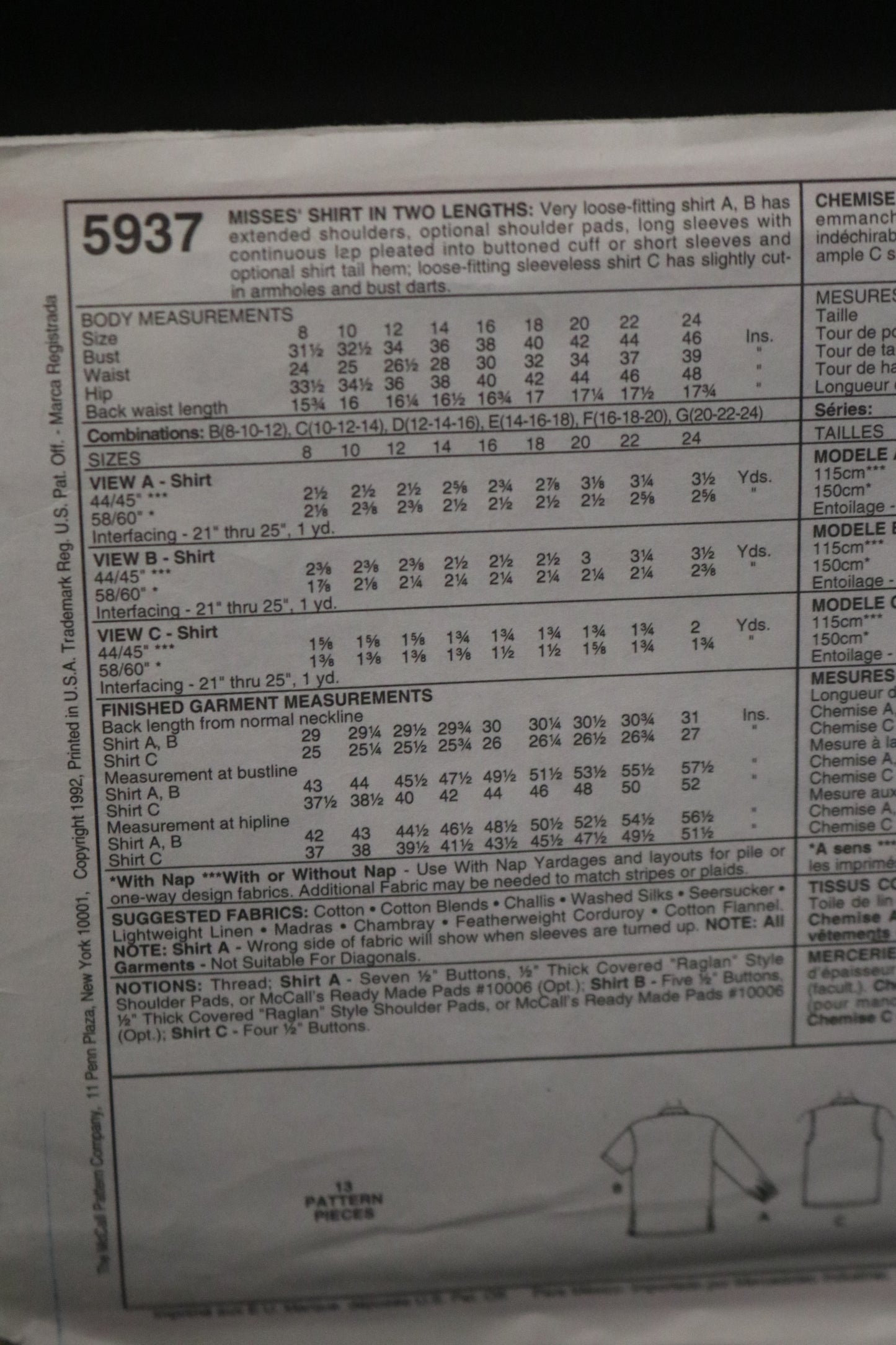 McCalls 5937 Misses Shirt in Two Lengths Sewing Pattern UNCUT - Size 12 14 16