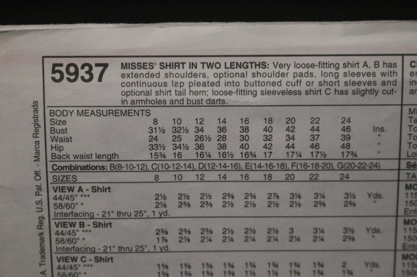 McCalls 5937 Misses Shirt in Two Lengths Sewing Pattern UNCUT - Size 12 14 16