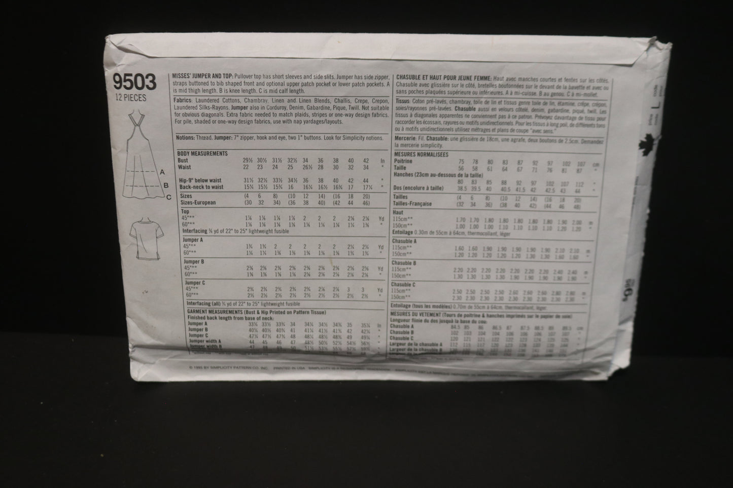 Simplicity 9503 MIsses Jumper and Top Sewing Pattern - UNCUT - Size 10 12 14