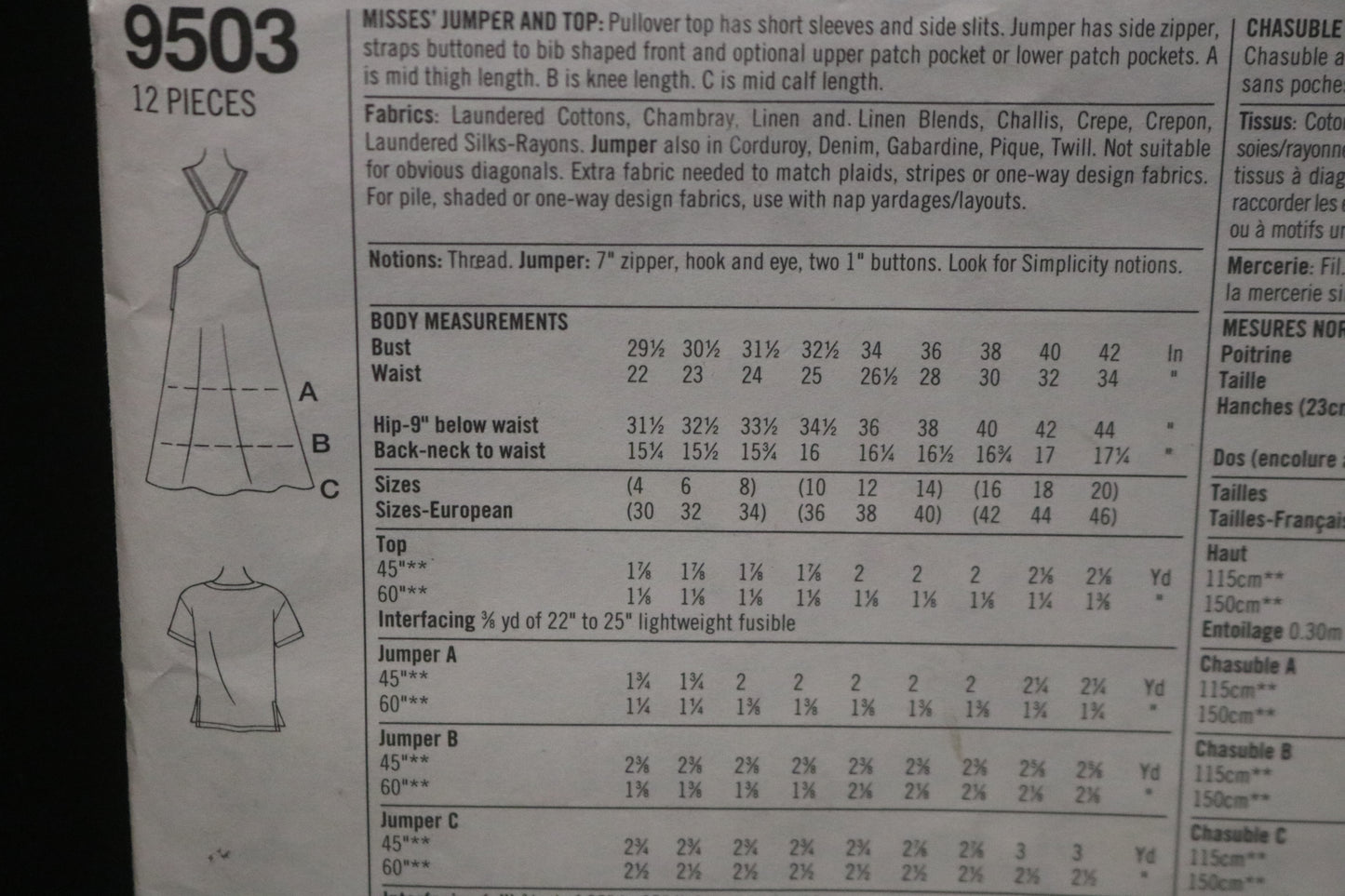 Simplicity 9503 MIsses Jumper and Top Sewing Pattern - UNCUT - Size 10 12 14