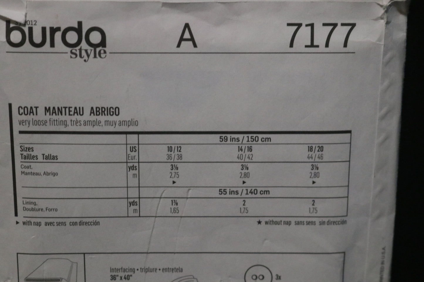 Burda 7177 Misses Coat Sewing Pattern - UNCUT Size 10/12 14/16 18/20