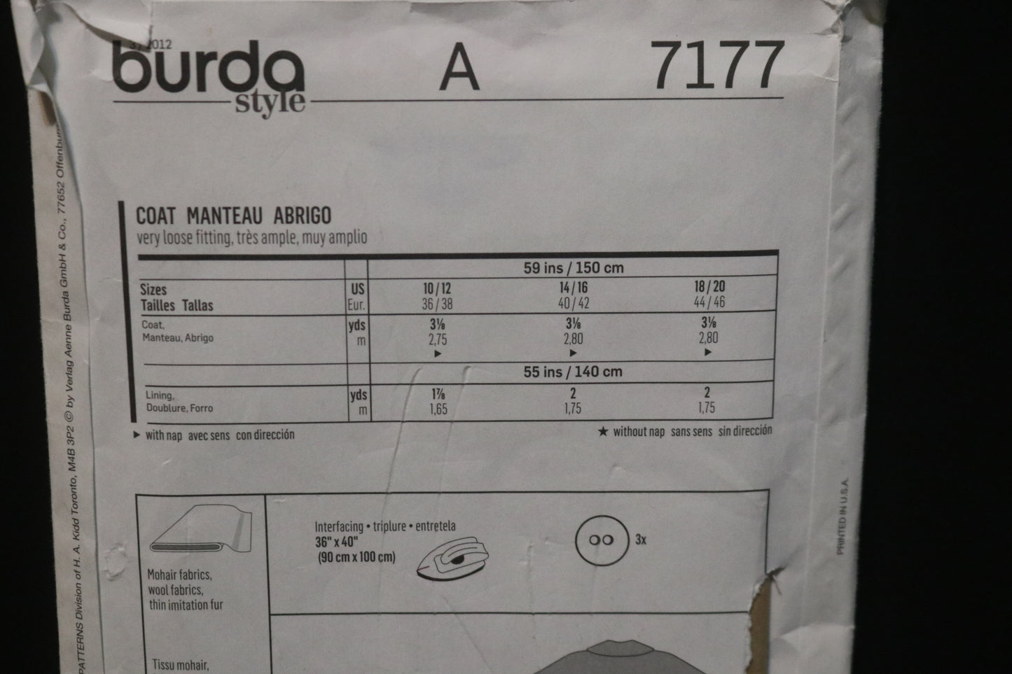 Burda 7177 Misses Coat Sewing Pattern - UNCUT Size 10/12 14/16 18/20