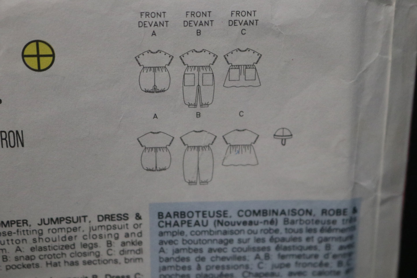 Butterick 4665  Infants Rompers Jumpsuit Dress and Hat Sewing Pattern - UNCUT - Size NB S M
