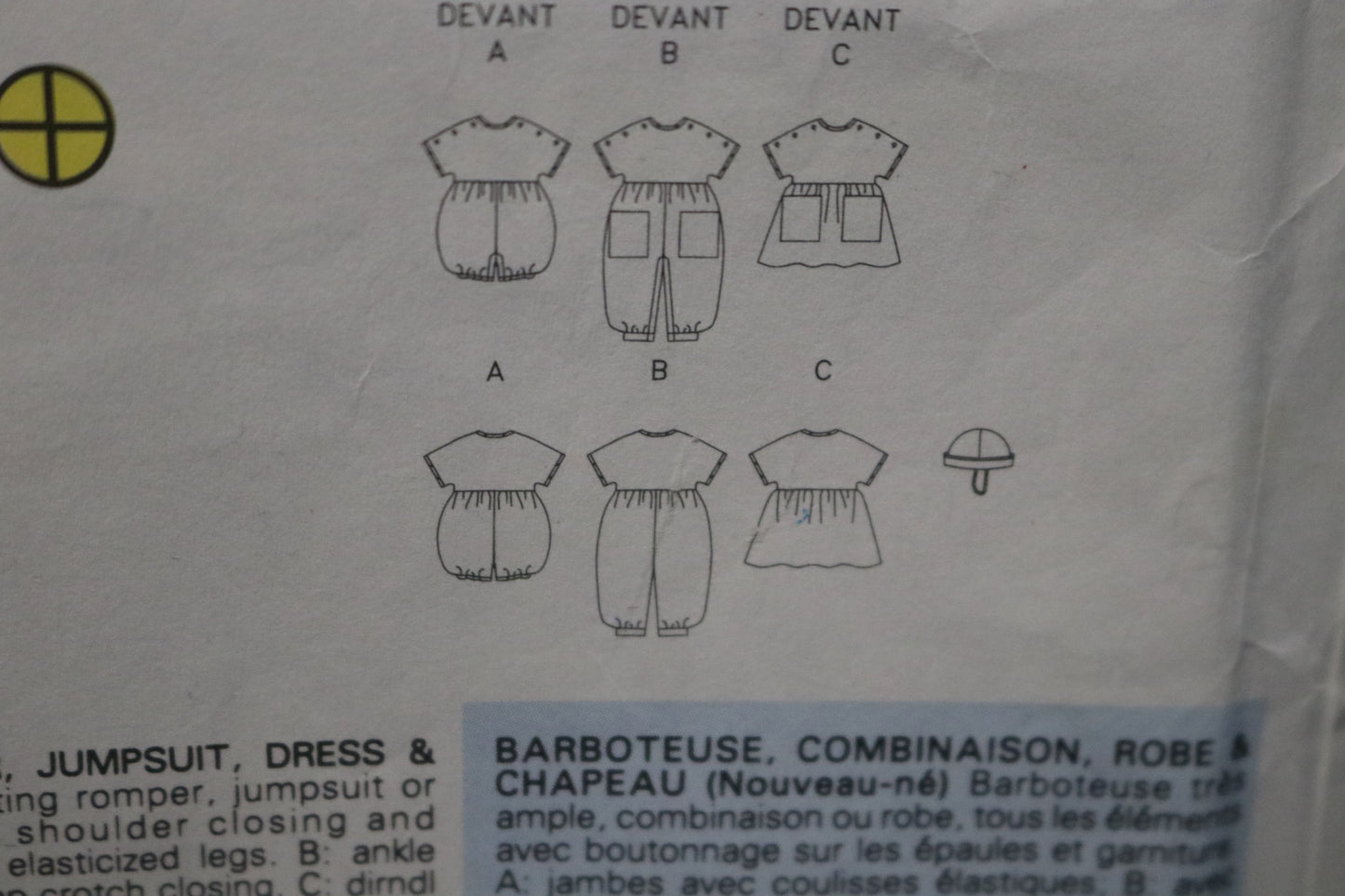 Butterick 4665  Infants Rompers Jumpsuit Dress and Hat Sewing Pattern - UNCUT - Size NB S M