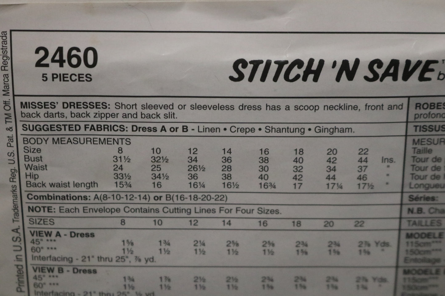 Stitch n Save 2460 Misses Dresses Sewing Pattern - UNCUT - Size 16 18 20 22