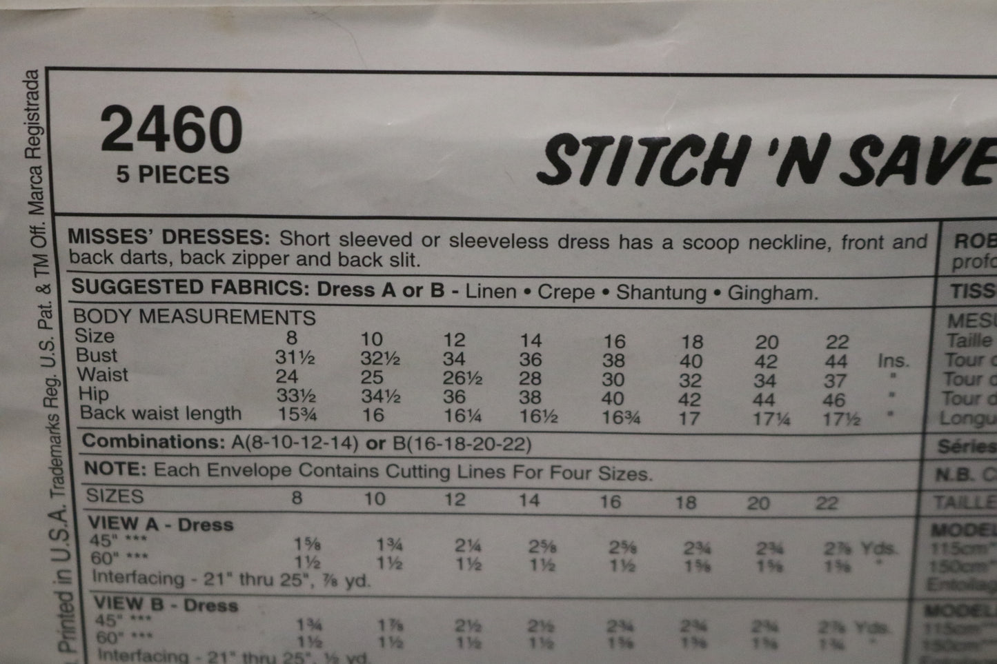 Stitch n Save 2460 Misses Dresses Sewing Pattern - UNCUT - Size 16 18 20 22