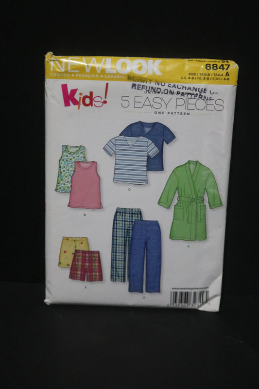 New Look 6847 Girls Boys Pajamas Top Pants Shorts and Robe Sewing Pattern UNCUT Size 3 - 8