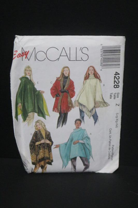 McCalls 4228 Misses Ponchos and Reversible Hooded Poncho and Wraps Sewing Pattern UNCUT - Size Lrg Xlg Xxl