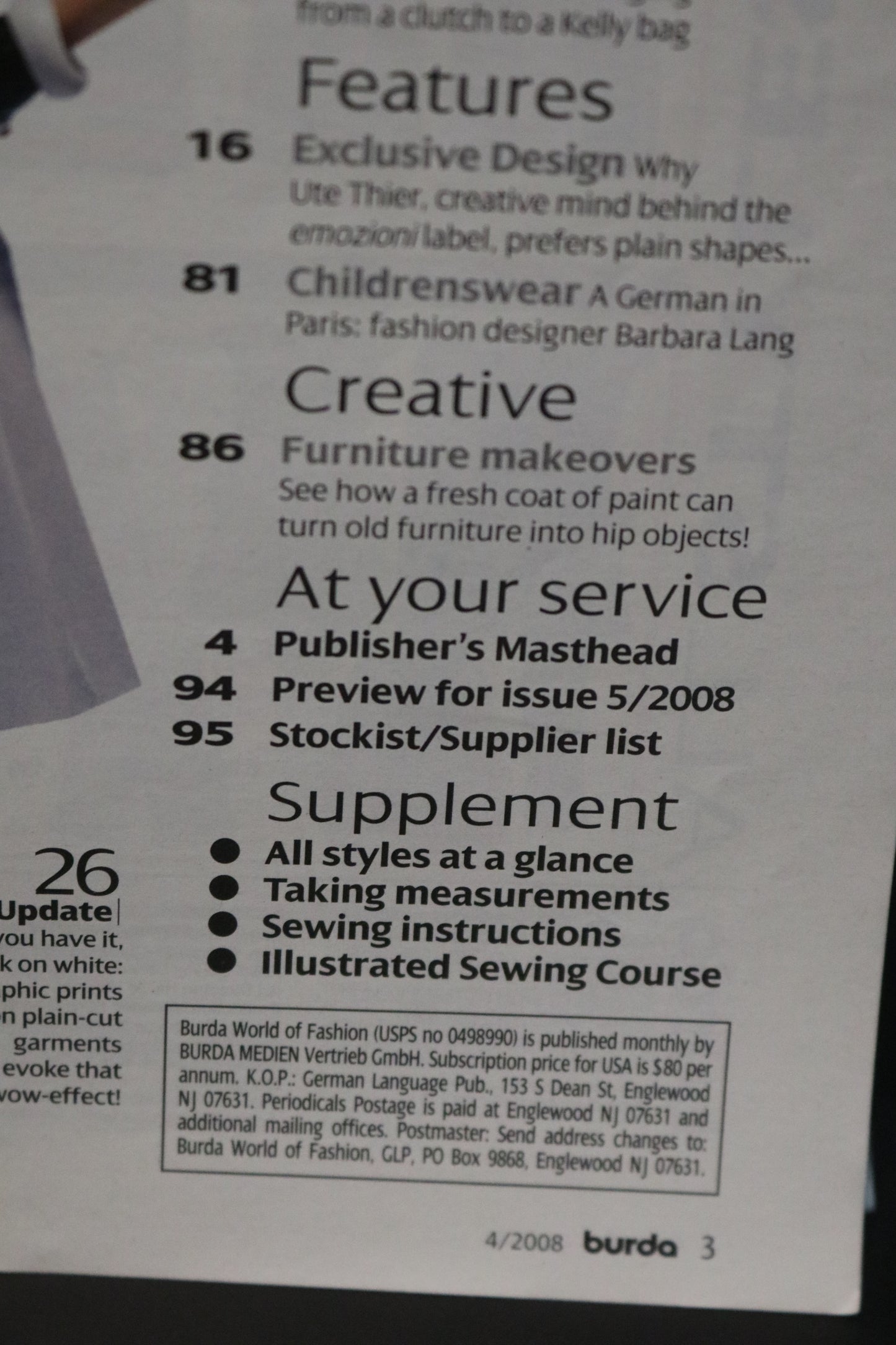 ENGLISH April 2008 Burda A World of Fashion Sewing Magazine with Pattern Insert