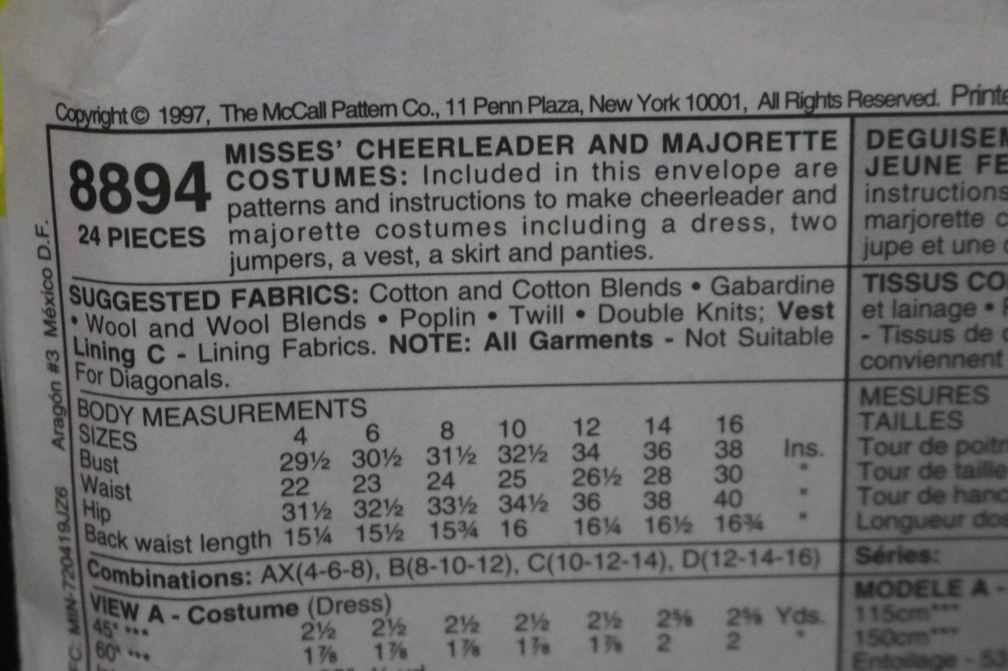 McCalls 8894 Misses Cheerleader and Majorette Costumes Sewing Pattern - UNCUT - Size 4 6 8