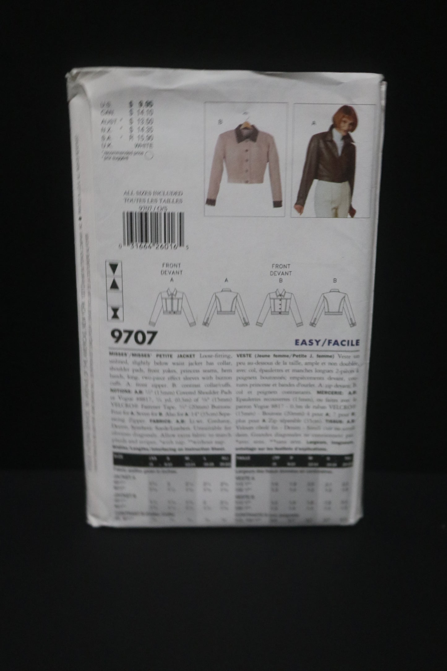 Vogue 9707 Misses / Misses Petite jacket Sewing Pattern - UNCUT - Size XS S SM L XL