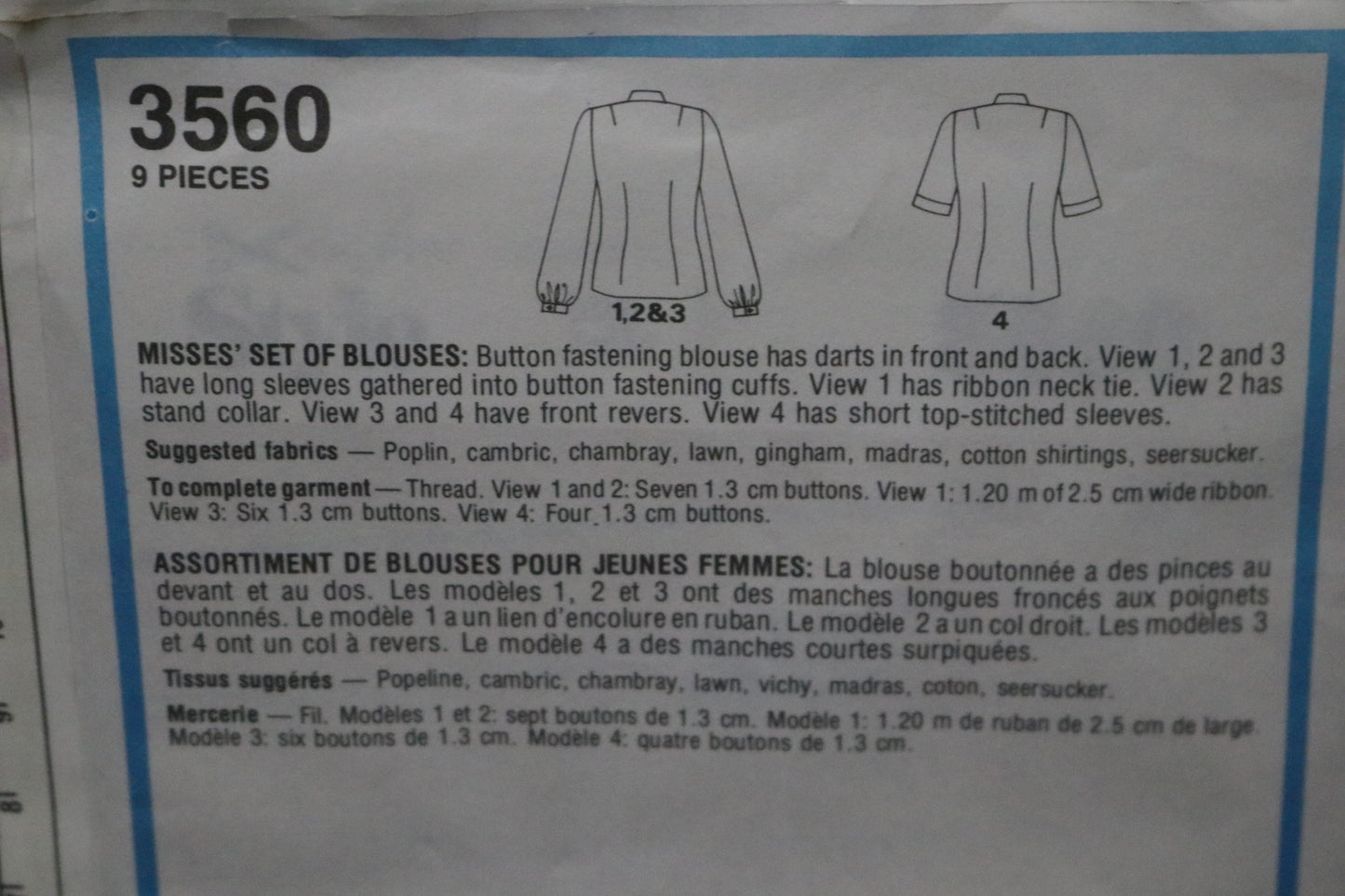 Style 3560 Misses Set of Blouses Sewing Pattern - UNCUT - Size 14