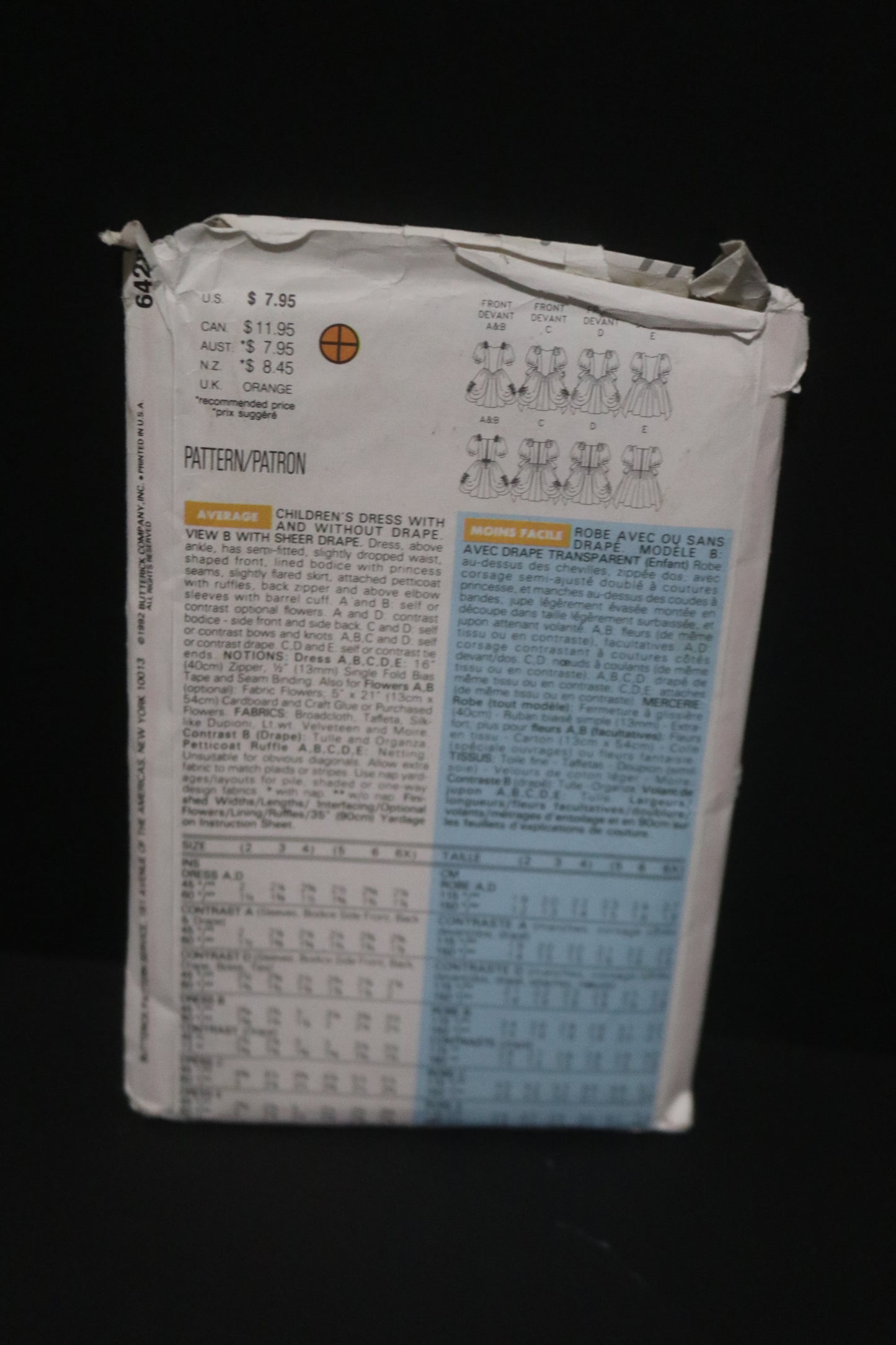 Butterick 6428 Children's Girls Dress with and without Drape, View B with Sheer Drape  Sewing Pattern  - UNCUT - Sizes 5 6 6X