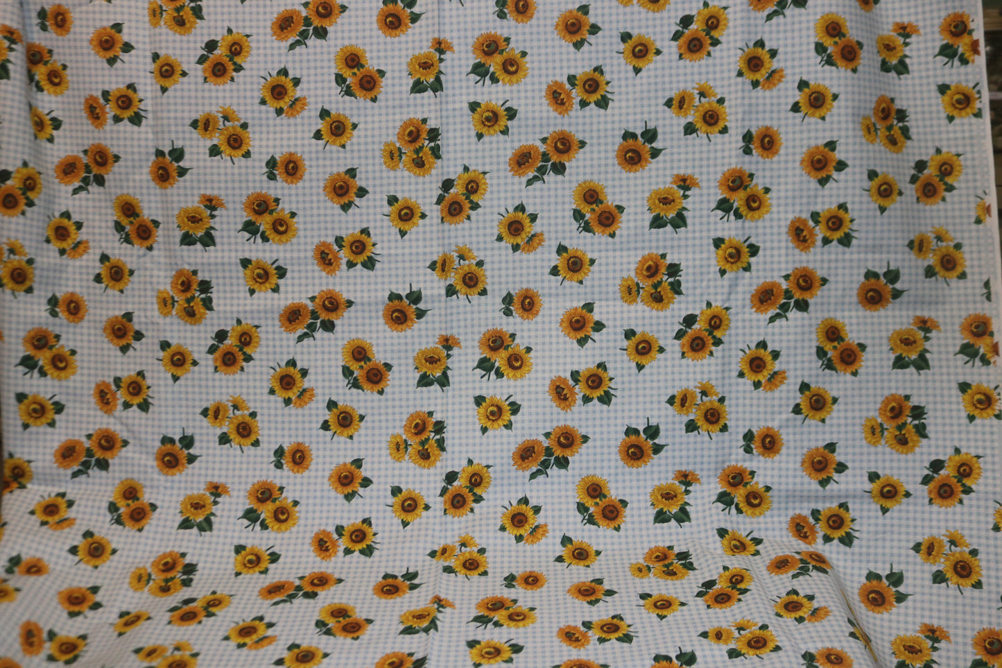 VTG Cranston Prints Blue GIngham Sunflower Joan Messmore Fabric 45" Wide - Being Sold by the Yard