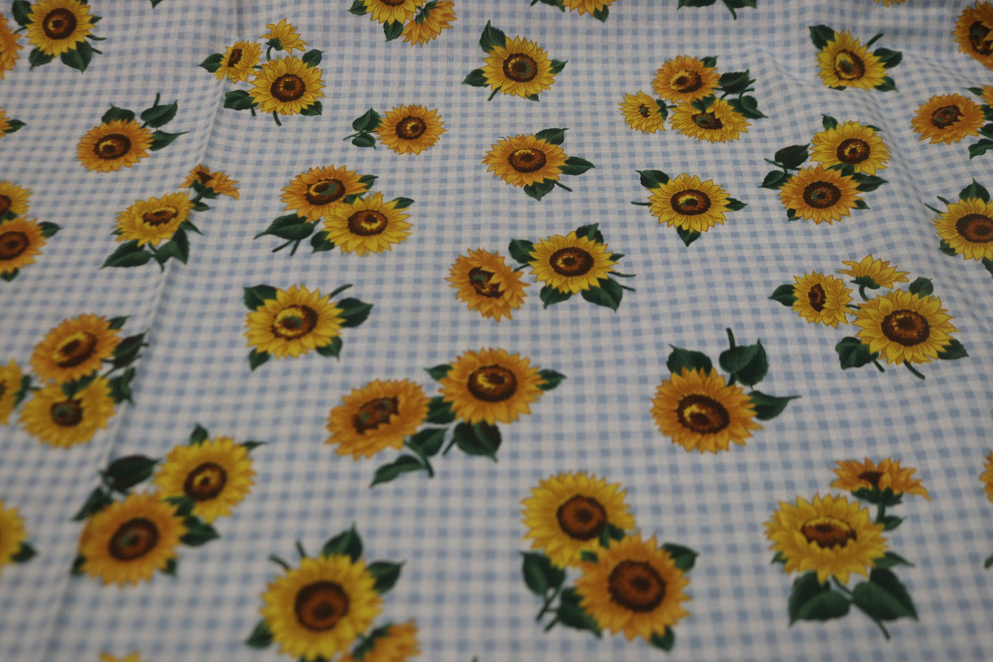 VTG Cranston Prints Blue GIngham Sunflower Joan Messmore Fabric 45" Wide - Being Sold by the Yard