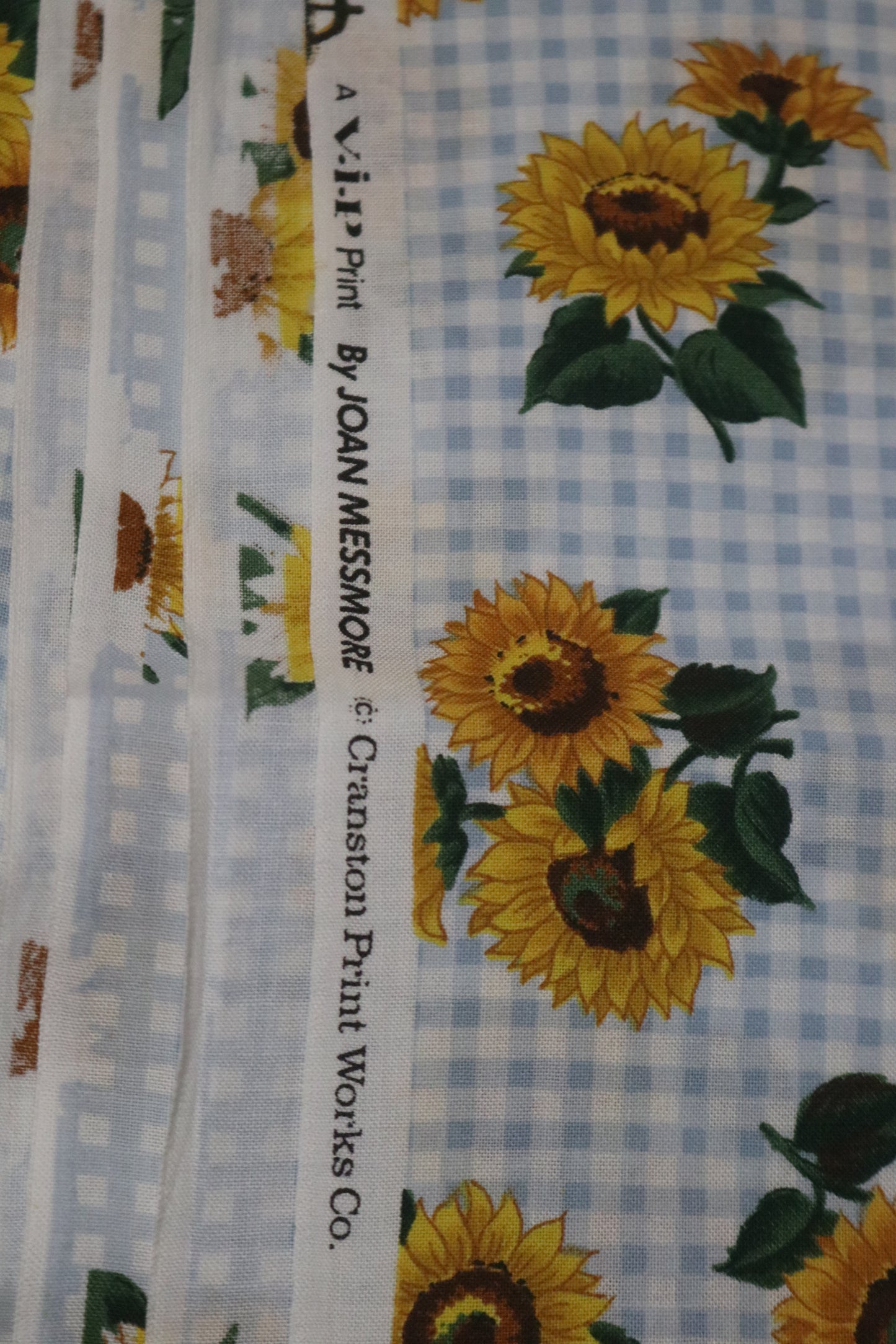 VTG Cranston Prints Blue GIngham Sunflower Joan Messmore Fabric 45" Wide - Being Sold by the Yard