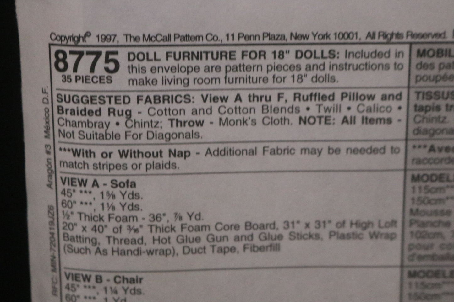 McCalls 8775 Doll Furniture for 18" Dolls Sewing Pattern - UNCUT