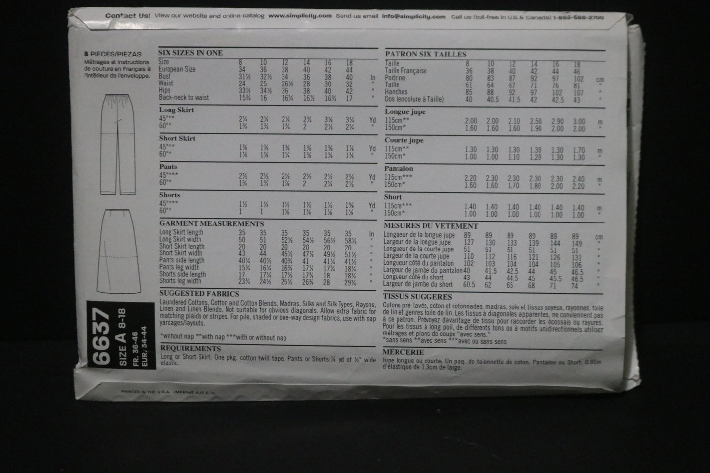 New Look 6637 Misses Pants Shorts and Skirts  Sewing Pattern - UNCUT -  Size 8 - 18