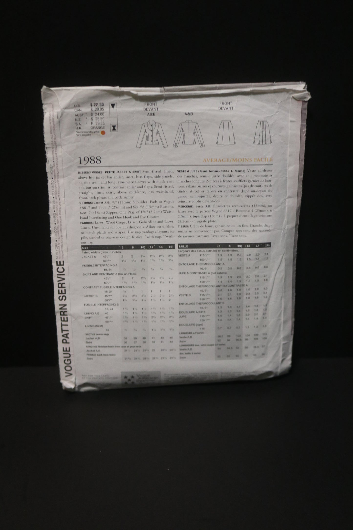 Vogue 1988 Bill Blass  Misses Jacket and Skirt Sewing Pattern - UNCUT -  Size 6 8 10