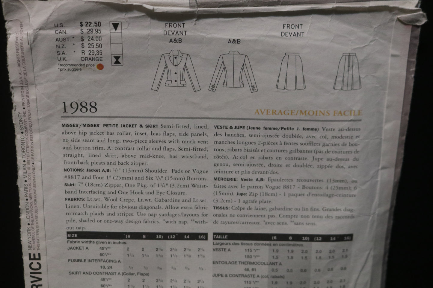 Vogue 1988 Bill Blass  Misses Jacket and Skirt Sewing Pattern - UNCUT -  Size 6 8 10