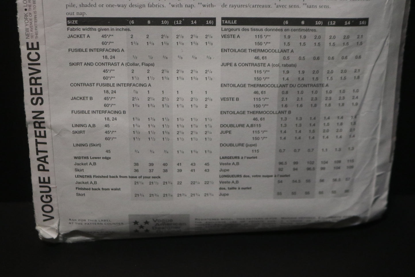 Vogue 1988 Bill Blass  Misses Jacket and Skirt Sewing Pattern - UNCUT -  Size 6 8 10