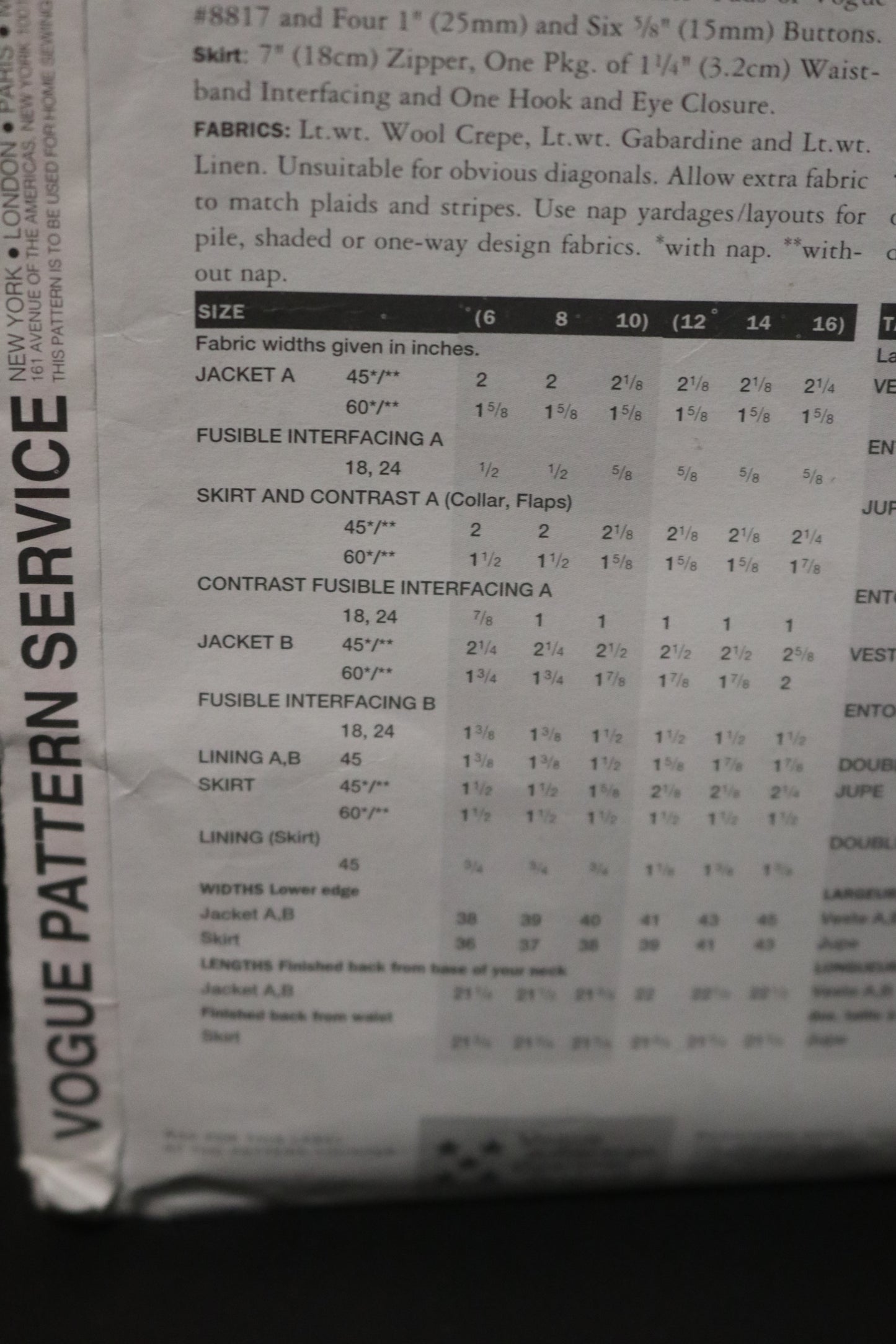 Vogue 1988 Bill Blass  Misses Jacket and Skirt Sewing Pattern - UNCUT -  Size 6 8 10