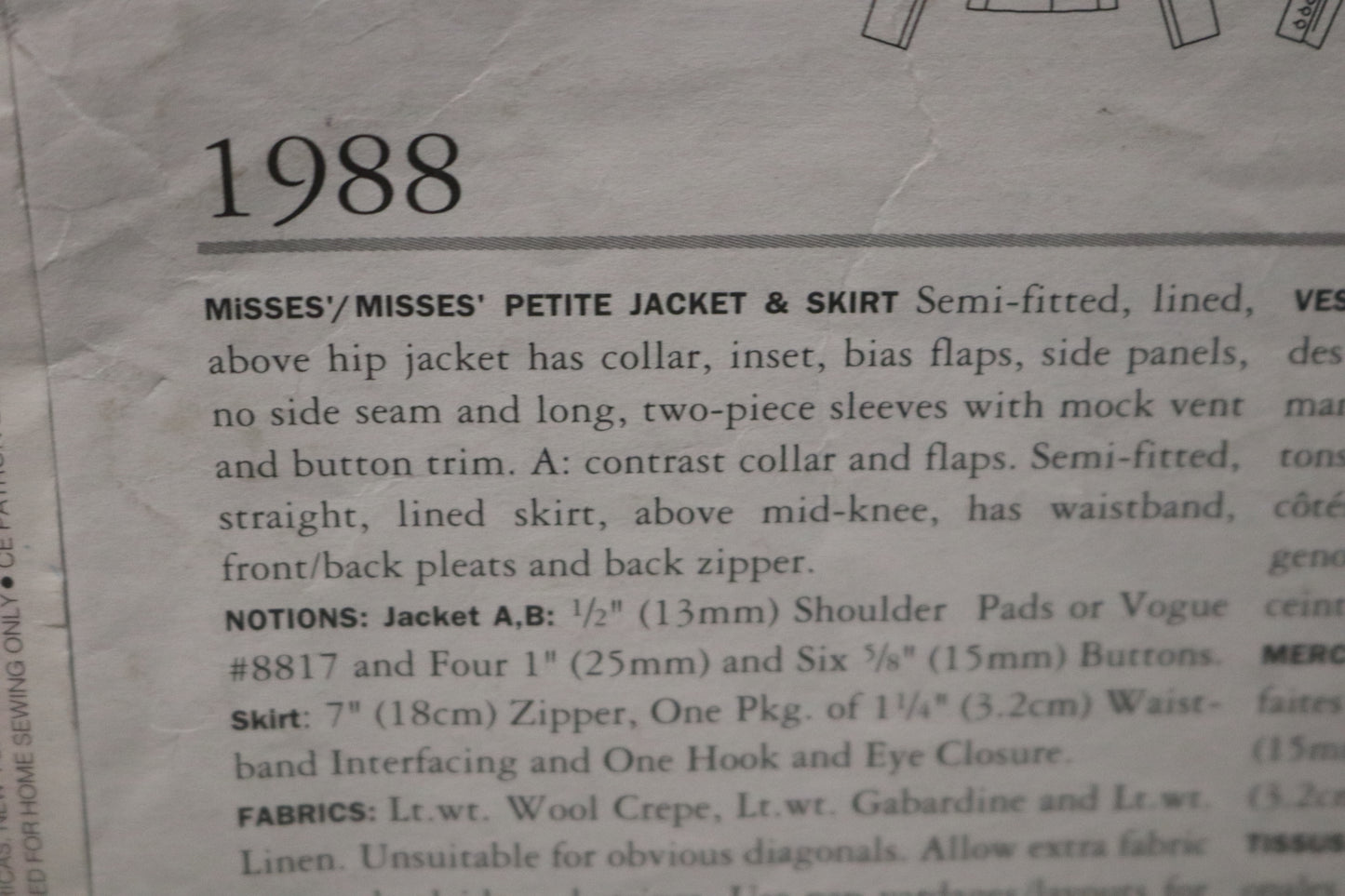 Vogue 1988 Bill Blass  Misses Jacket and Skirt Sewing Pattern - UNCUT -  Size 6 8 10