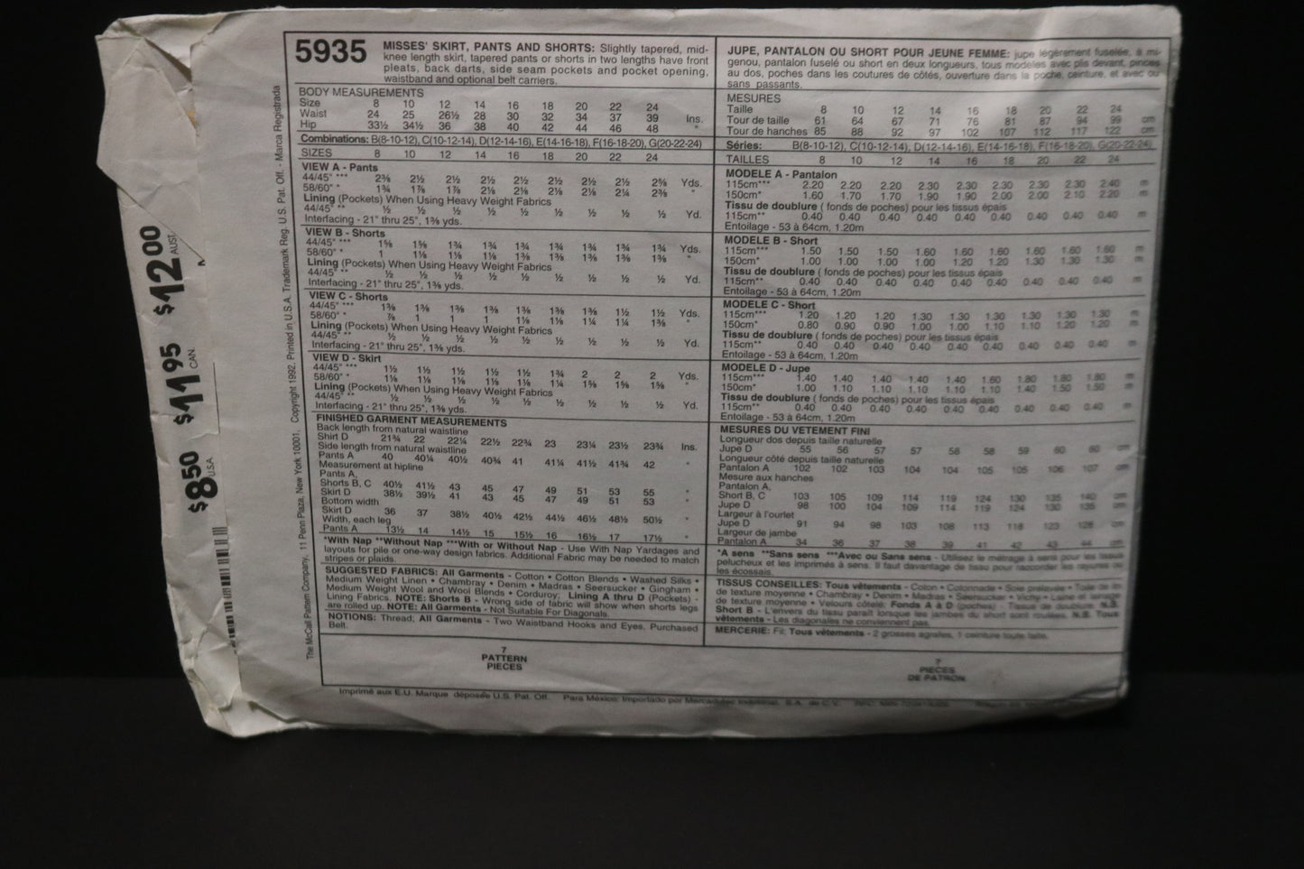 McCalls 5935 Misses Skirt Pants and Shorts Sewing Pattern UNCUT - Size 12 14 16