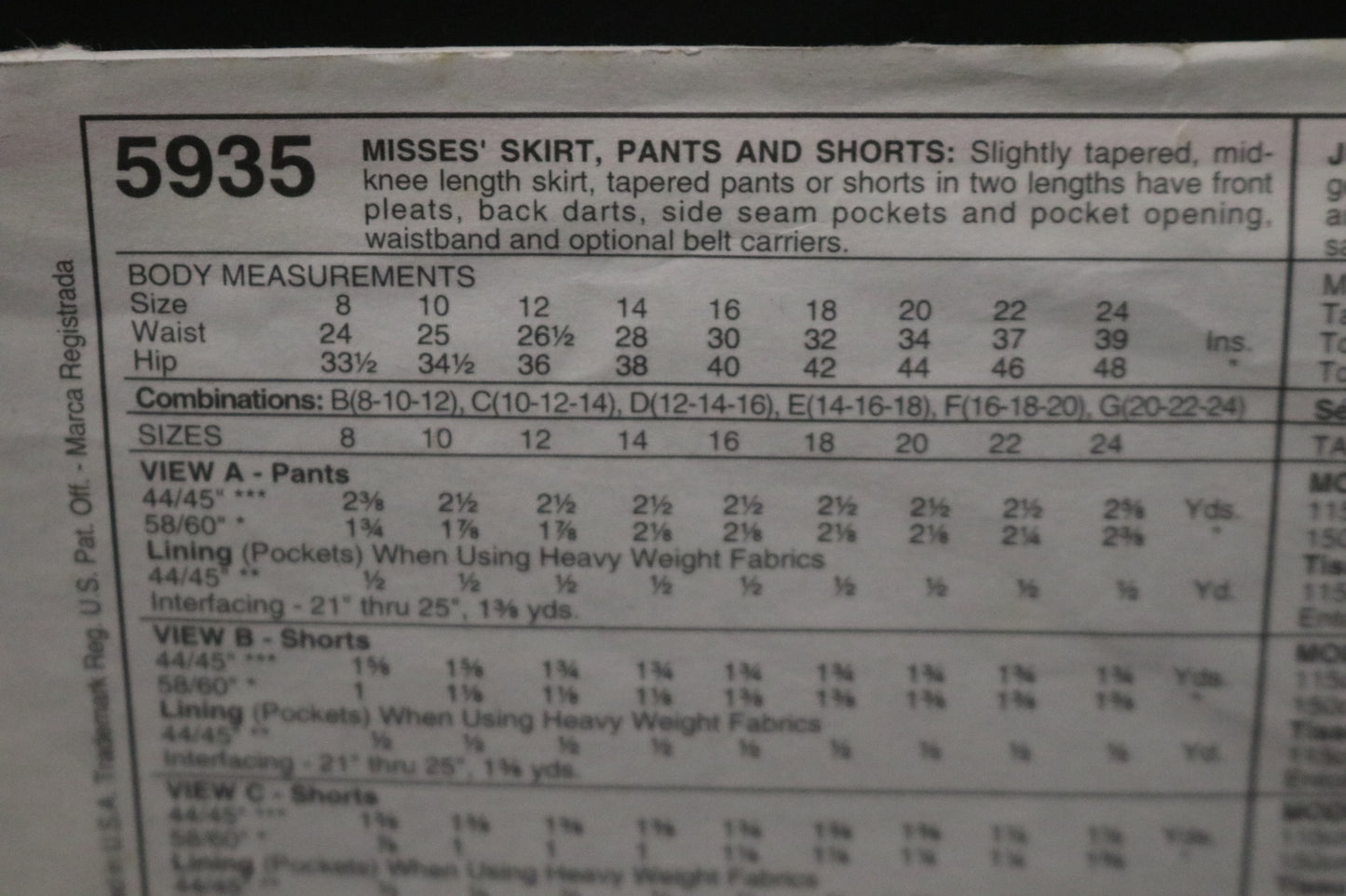 McCalls 5935 Misses Skirt Pants and Shorts Sewing Pattern UNCUT - Size 12 14 16