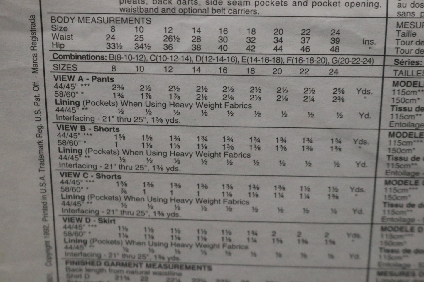 McCalls 5935 Misses Skirt Pants and Shorts Sewing Pattern UNCUT - Size 12 14 16