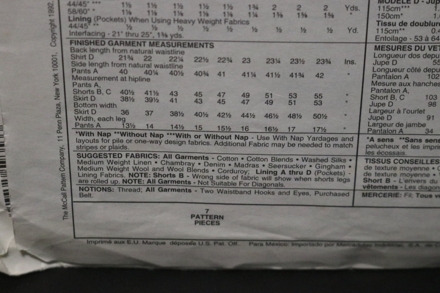 McCalls 5935 Misses Skirt Pants and Shorts Sewing Pattern UNCUT - Size 12 14 16