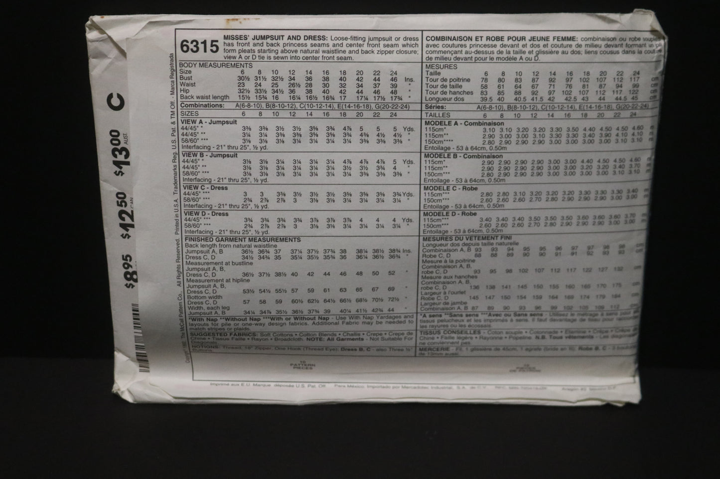 McCalls 6315 Misses Jumpsuit and Dress Sewing Pattern UNCUT Size 14 16 18