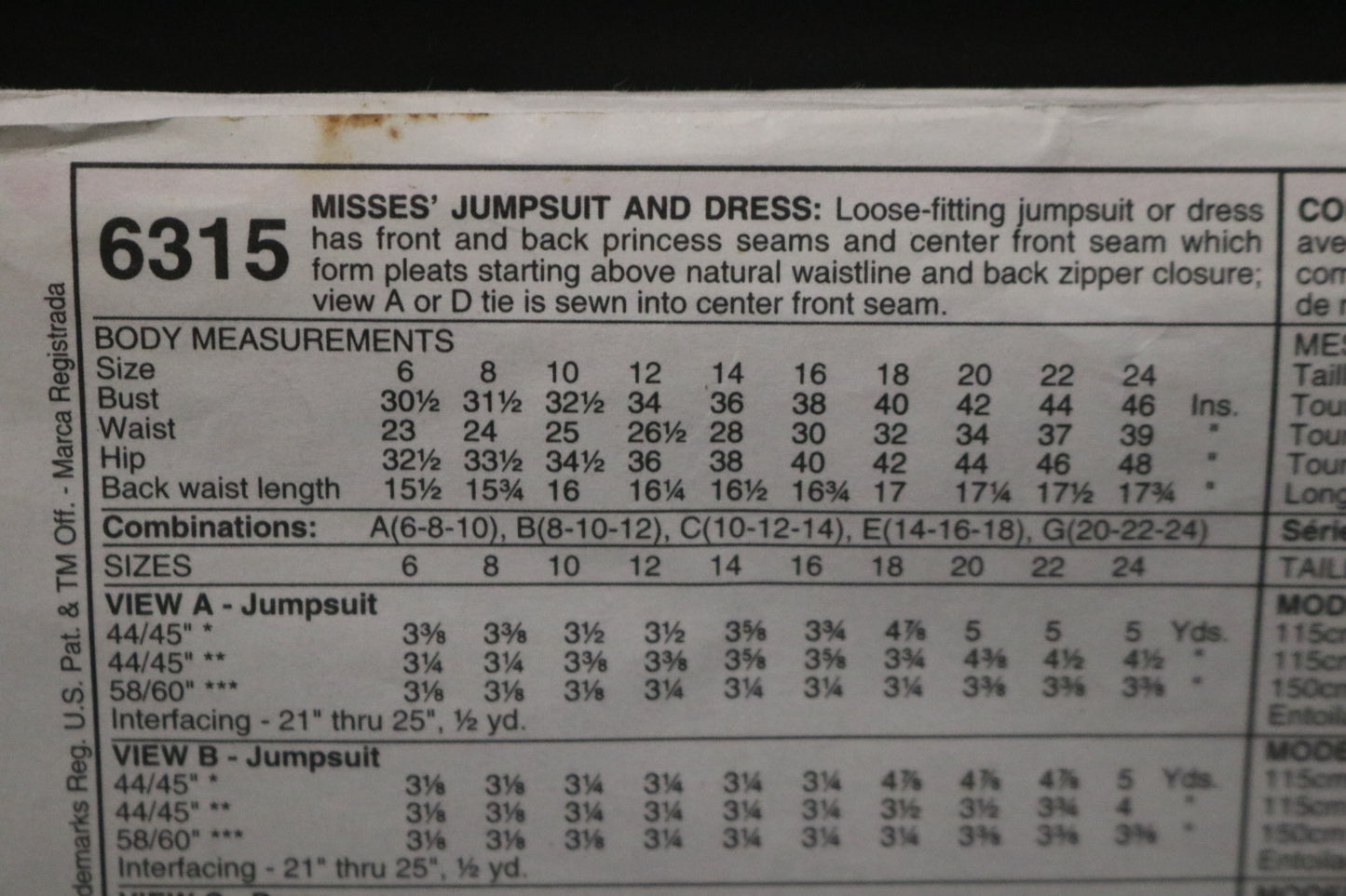 McCalls 6315 Misses Jumpsuit and Dress Sewing Pattern UNCUT Size 14 16 18