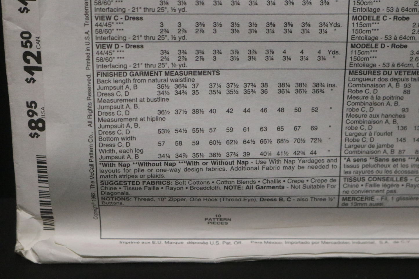 McCalls 6315 Misses Jumpsuit and Dress Sewing Pattern UNCUT Size 14 16 18